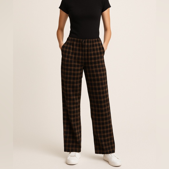 Brandy Melville Pants - Brandy Melville Plaid Lounge Pants Brown Black Elastic Waist One Size